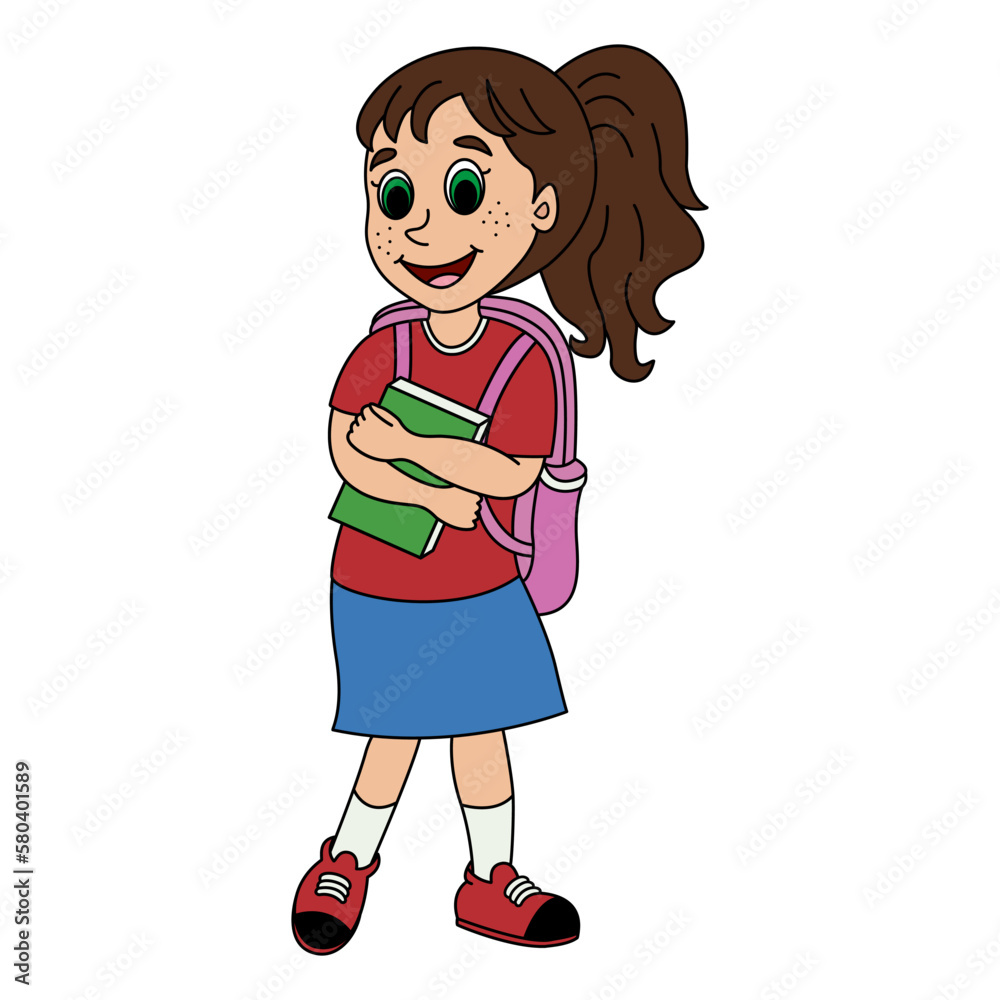 Sweet Girl with a Book. Vector Illustration of Cartoon Schoolgirl with Book and Backpack. Sweet Girl with a Book. Vector Illustration of Cartoon Schoolgirl with Book and Backpack.