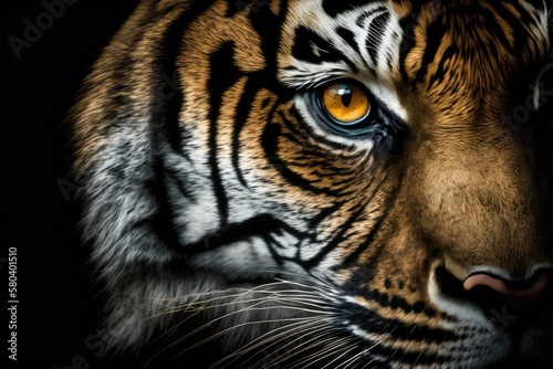 Tiger's eyes on a black background. Generative AI photo