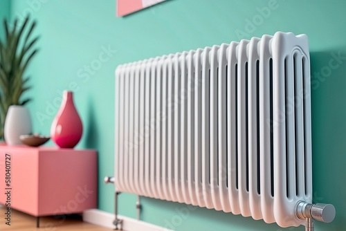 Wallpaper Mural White Radiator with Solid Light Green Background - AI Generated Torontodigital.ca