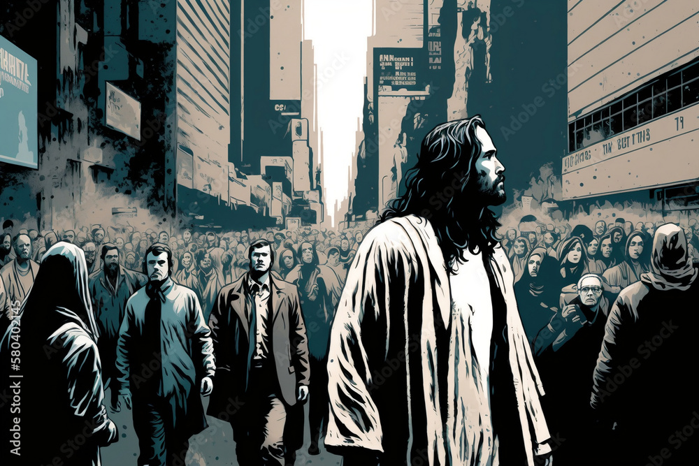 Illustration Of Jesus Walking Amidst Modern City Crowd And Buildings, Illustration Of Jesus Walk In Modern City Among The Crowd And Buildings, Generative Ai