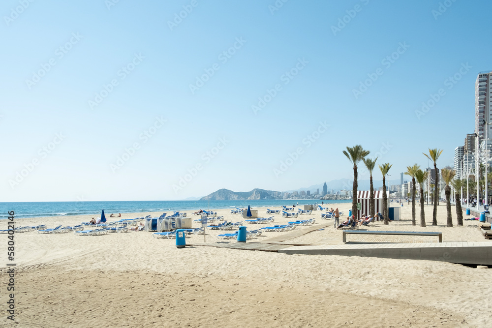 Low season in Benidorm. View to Playa de Levante beach near Mediterranean sea in famous Benidorm resort