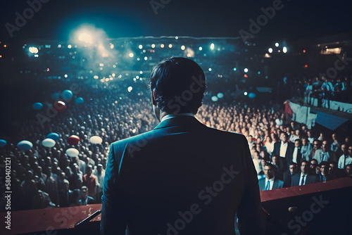 Presidential candidate speaks stage rostrum, agitating to vote for team, crowd voters against backdrop United States of America flags. Election campaign ahead elections authorities. Generative AI