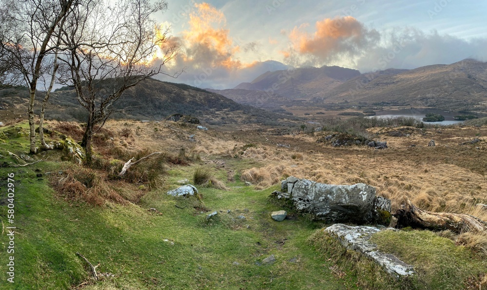 Fototapeta premium Panorama of Upper Lake, Killarney, from Ladies View.