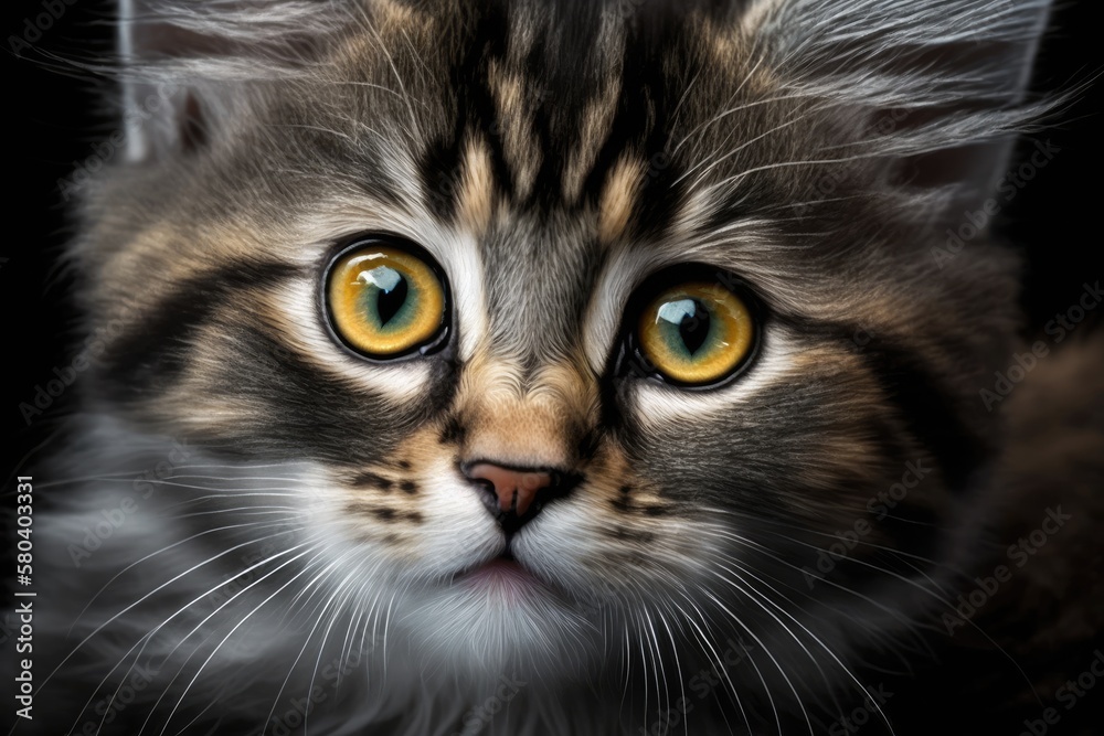 The face of a cat up close. A picture of a girl kitten. Cat looks alert and interested. A clear picture of the face of a cat with yellow eyes. Face of a cute cat up close. Generative AI