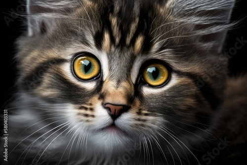 The face of a cat up close. A picture of a girl kitten. Cat looks alert and interested. A clear picture of the face of a cat with yellow eyes. Face of a cute cat up close. Generative AI