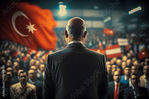 Presidential candidate speaks from stage of rostrum, agitating to vote for team, crowd voters against backdrop Turkish flags. Election campaign ahead of the elections to the authorities. Generative AI photo