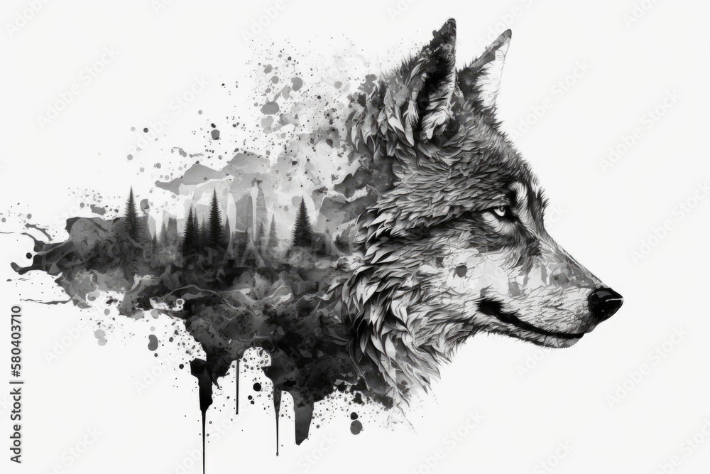 Fototapeta The head of a wolf on a white background with double exposure. Retro design graphic element. This picture would be great for a mascot, a tattoo, or a design on a T shirt. Stock illustration