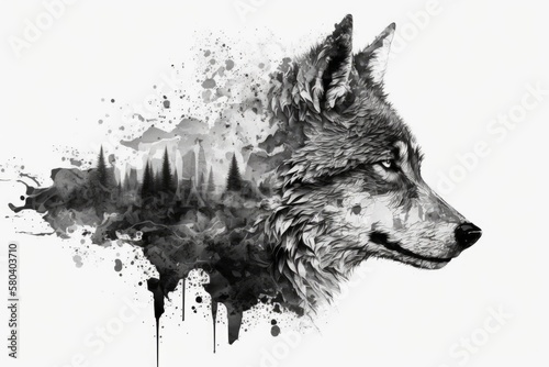 The head of a wolf on a white background with double exposure. Retro design graphic element. This picture would be great for a mascot, a tattoo, or a design on a T shirt. Stock illustration