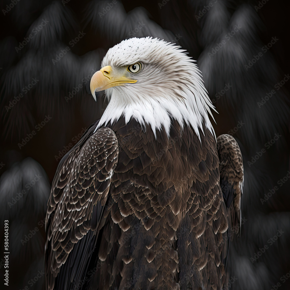 American bald eagle close up head detail portrait, cropped, side view. Generative AI illustration. American bald eagle close up head detail portrait, cropped, side view. Generative AI illustration.