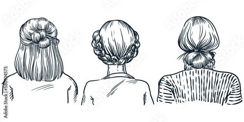 Women fashion hairstyles set. Vector hand drawn sketch illustration of female hair in bun and braid arround head
