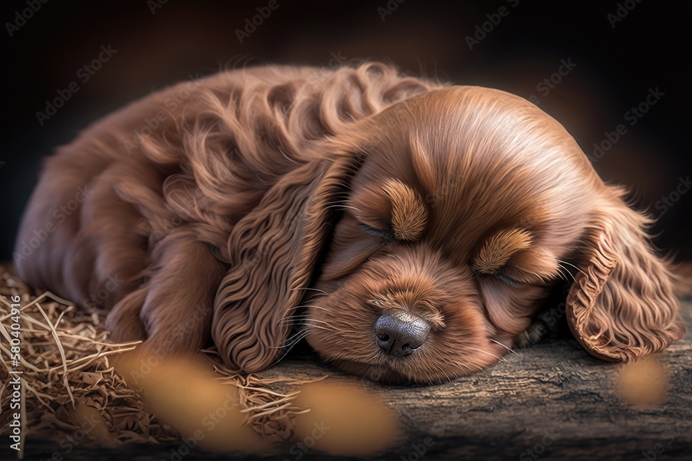 The little brown Cocker Spaniel puppy is soundly sleeping. Fluffy pet. Generative AI