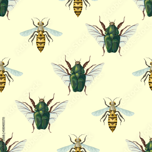 Seamless pattern with wasp and cockchafer. Vector © Yumeee