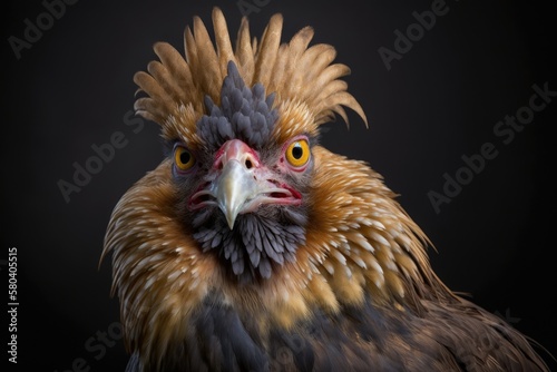 The hen is sick and has lost feathers. Hens have chicken lice. Portrait of an unhealthy chicken. Generative AI
