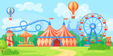Fairground landscape. Panoramic amusement park, city entertainment in daytime fun festival carnival theme circus background, funfair carousel rollercoaster neat vector illustration