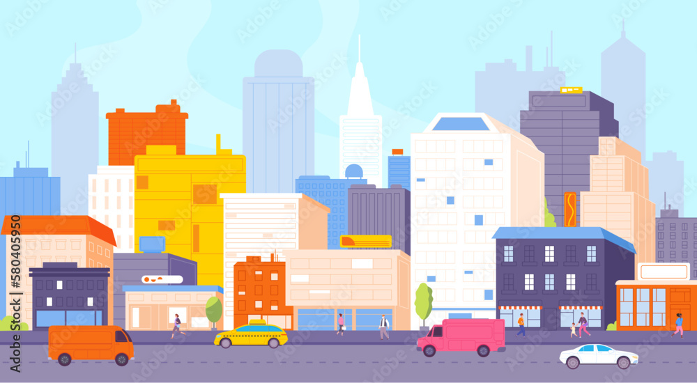 Panoramic cityscape traffic. Morning downtown moving people and taxi cars on street road, metropolitan europe city business apartment buildings outdoor splendid vector illustration