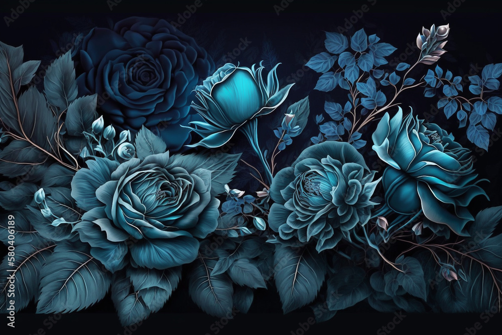 Floral banner, header with copy space. Blue roses isolated on dark background. Natural flowers wallpaper or greeting card.