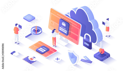 Internet security. Data protection concept. Safety and confidential data protection. Safe internet technologies. Isometry illustration with people scene for web graphic.