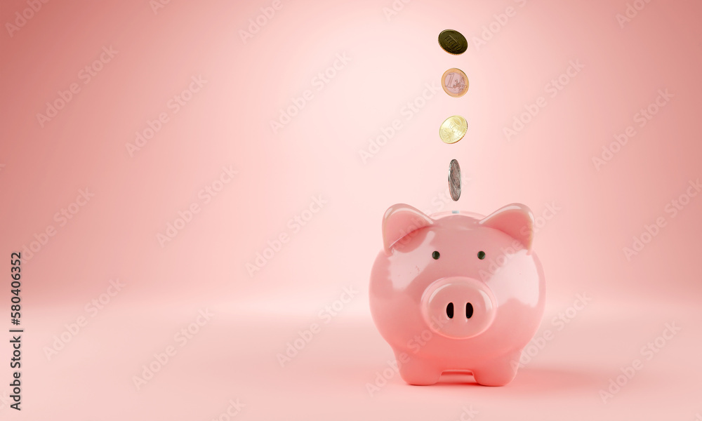 Piggy bank. Money box with falling coins. moneybox investing, 3D rendering Piggy bank. Money box with falling coins. moneybox investing, 3D rendering