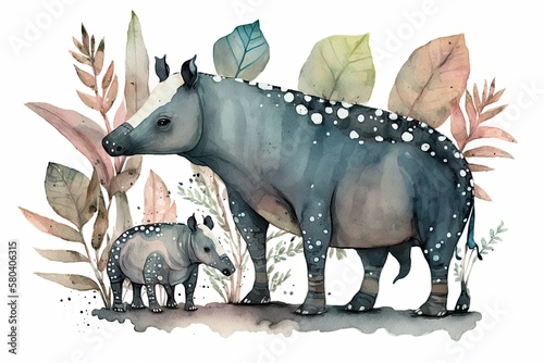 The mother tapir and her cub. Watercolor drawing made by hand. Generative AI photo