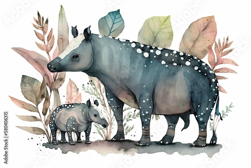 The mother tapir and her cub. Watercolor drawing made by hand. Generative AI