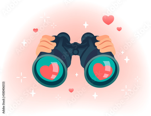 Binocular search love. Man hands holding binoculars glasses and looking loving girl or guy through them, searching heart couple dating banner concept, cartoon vector illustration
