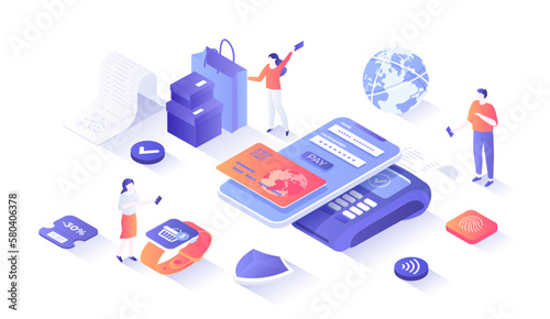 Mobile contactless payment. PayPass, NFC payments. Scanning QR code. POS terminal, phone and smart watch. Isometry illustration with people scene for web graphic.