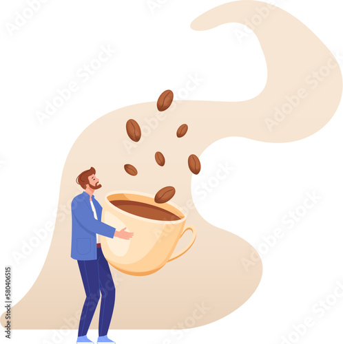 Huge coffee cup. Overworked business man hugging mug with caffeine energy beans, cafe break or breakfast americano drink addict having hangover, tiny barista vector illustration