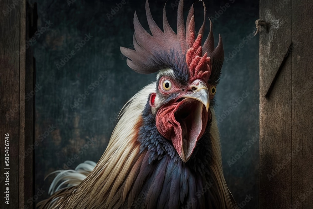 The rooster portrait's head is close. The rooster has unlocked the door and is yelling. When a bird sings, a sound is made. Generative AI