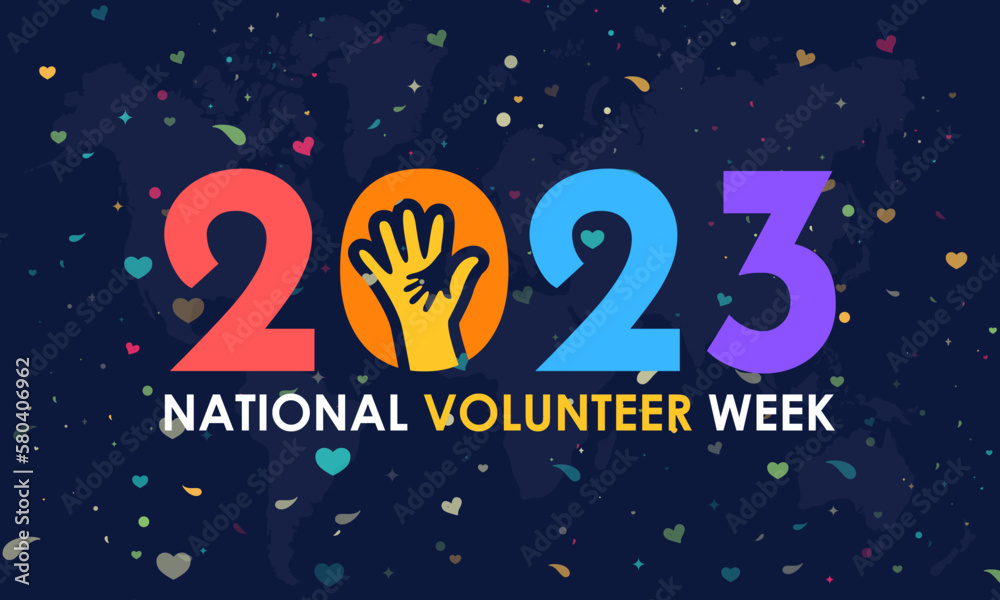2023 concept National Volunteer week. volunteers communities awareness banner with colorful design in blue background with love and dot halftone effect. observed on April