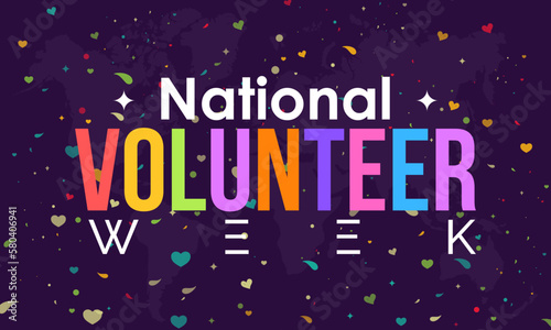 National Volunteer week. volunteers communities awareness concept banner design with colorful love and dot halftone in blue background. observed on April
