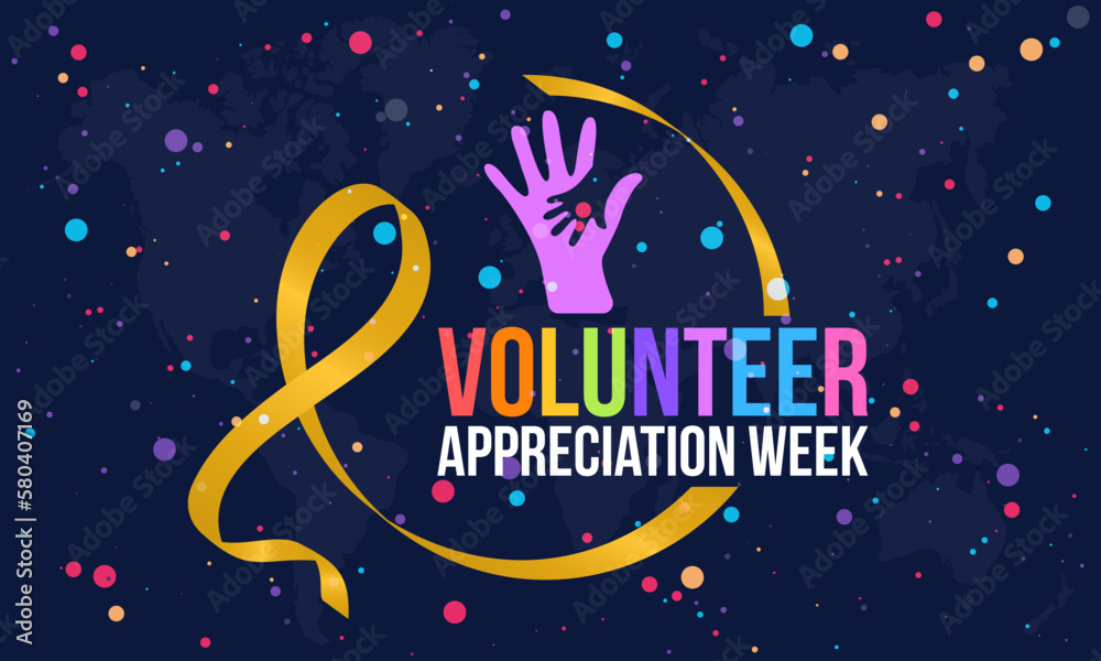 Fototapeta premium Volunteer Appreciation Week. volunteers communities circle ribbon awareness banner or template with gold and colored design in blue background with dot halftone effect. observed on April