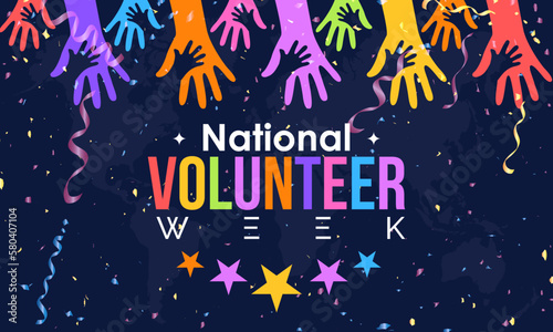 Volunteer Appreciation Week. volunteers communities awareness concept banner design with colorful confetti effect with letter and supporting hand in blue background. observed on April