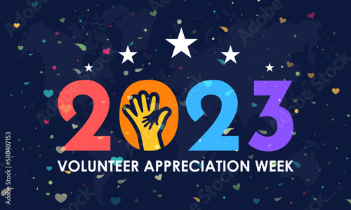 2023 concept Volunteer Appreciation Week. volunteers communities awareness banner or template with raise hand, five star rating in blue background with love and dot halftone effect. observed on April