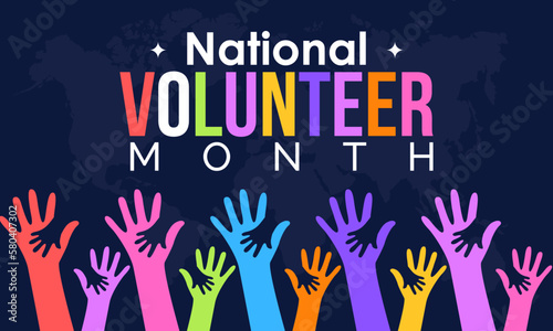National Volunteer month. volunteers communities awareness concept banner design with focused in colorful letter and supporting hand in blue background. observed on April