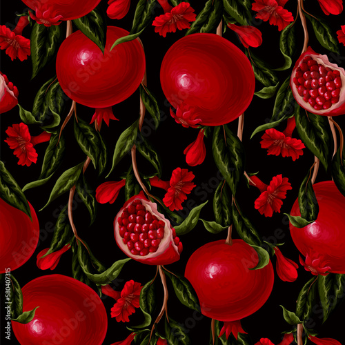 Seamless pattern with pomegranates branches anf flowers. Vector.