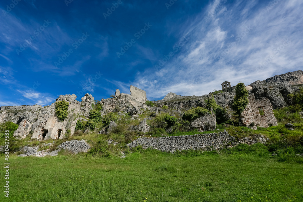 Old European culture church ruins on a hill side somewhere in France