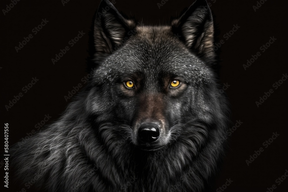 There is a black wolf on a black background. Generative AI