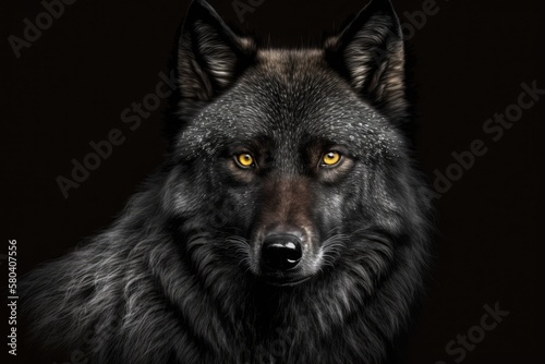 There is a black wolf on a black background. Generative AI