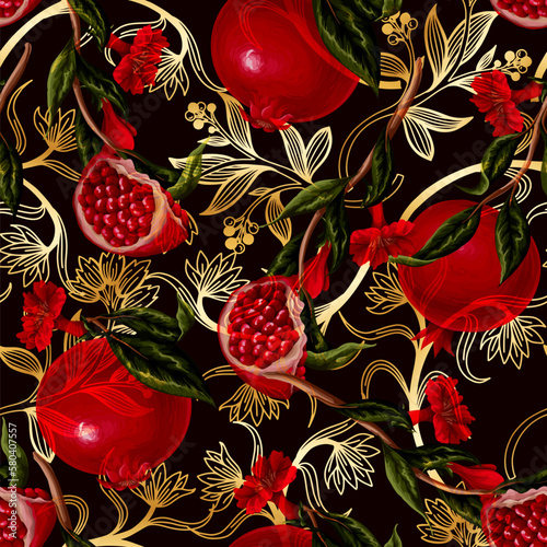 Seamless pattern with .pomegranates branches and gold branches. Vector