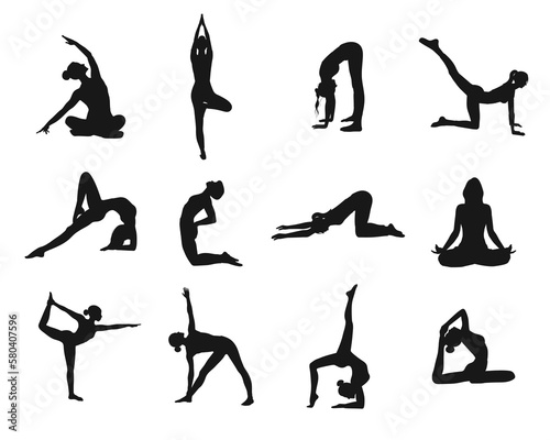 12 silhouette of girls doing yoga sport stretching in black color on white background for apps, cards, banners