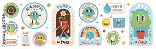 Earth Day is a set of retro style stickers. Save the planet, hour and day Earth groove characters illustration. Editable stroke