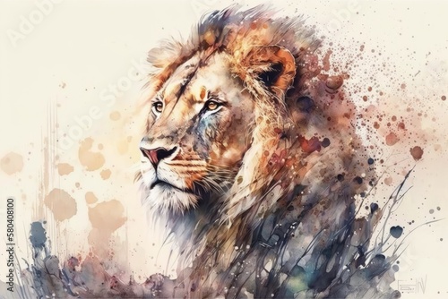 This is a cute lion with a watercolor look. Generative AI