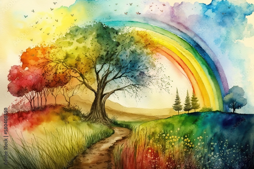 A path leading to a rainbow through a field of trees  Generative AI