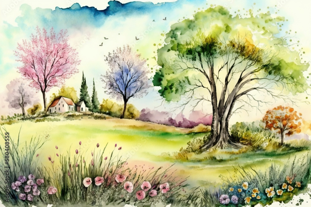 A pretty spring day with flowers and a house in a field Generative AI A pretty spring day with flowers and a house in a field Generative AI