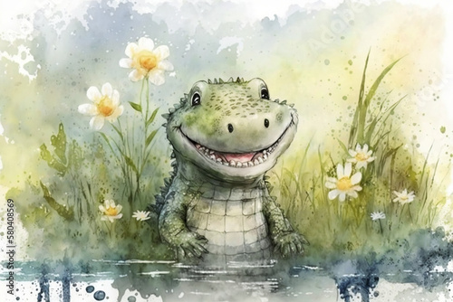 Baby alligator with a big smile in the water on a spring day Generative AI