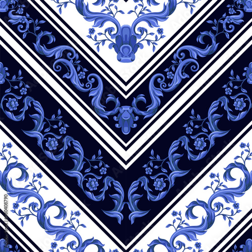 Seamless pattern with blue baroque elements. Vector.
