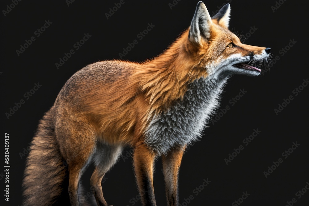 Fototapeta premium Side view of a wild red fox in the wild, with a dark background and its characteristic mouth open. Generative AI