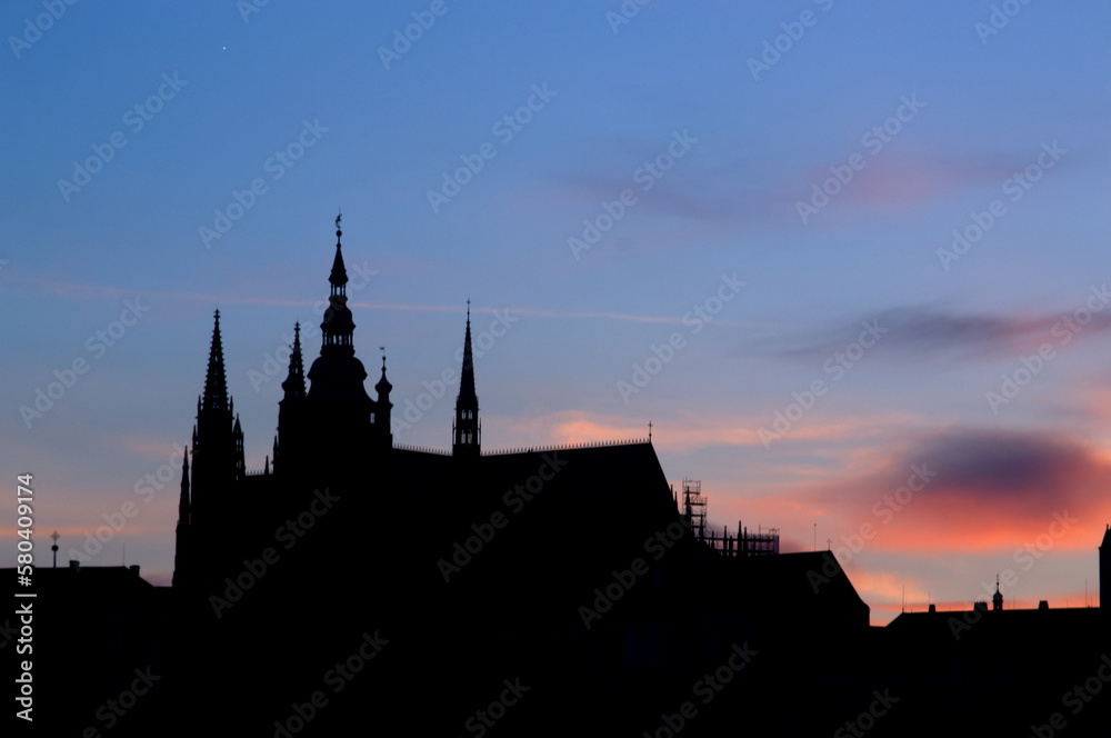 Prague castle silhouette at sunset
