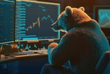 Bear trader looking at stock market chart at his trading desk monitor. Generative ai illustration.