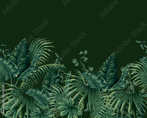 Border with jungle plants and leaves in victorian style. Vector.